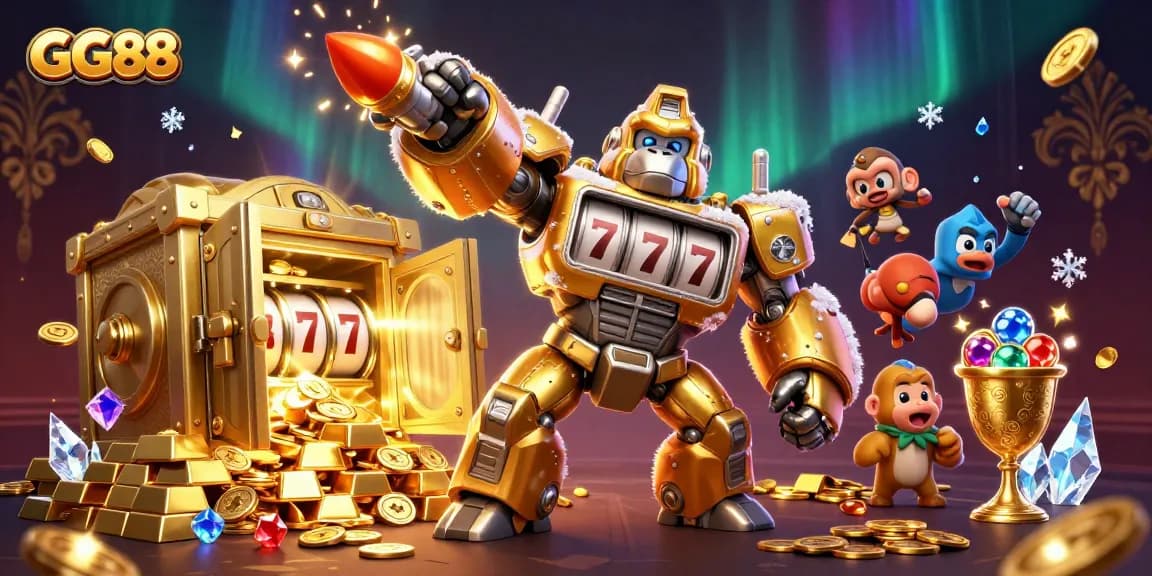 Experience the thrill of GG88 casino with a dynamic 3D illustration featuring a golden mech and treasures.