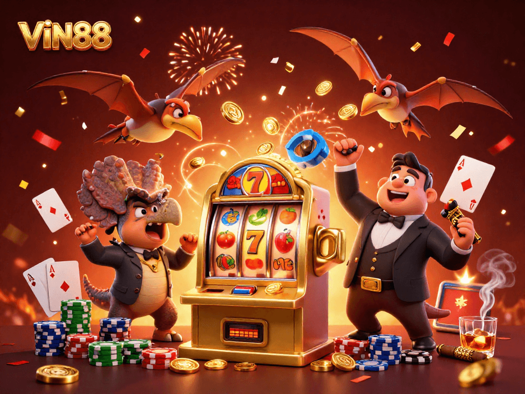 VIN88 jackpots explode in this vibrant illustration with a dino on winning slot machine!