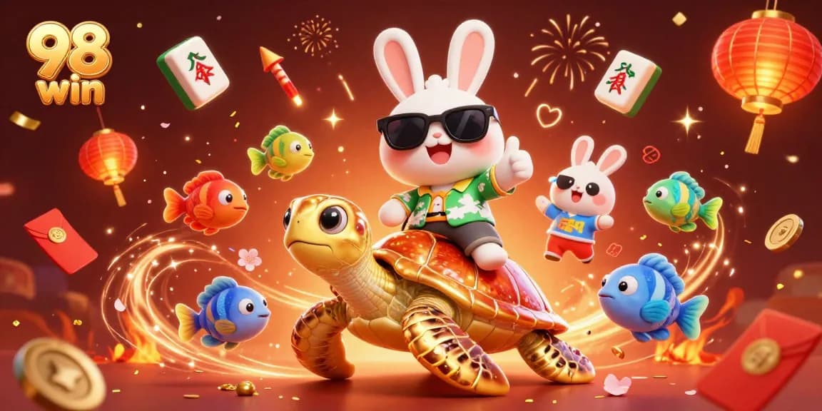 Experience thrilling slots with 98 win, featuring lucky rabbit and turtle in vibrant casino scene.