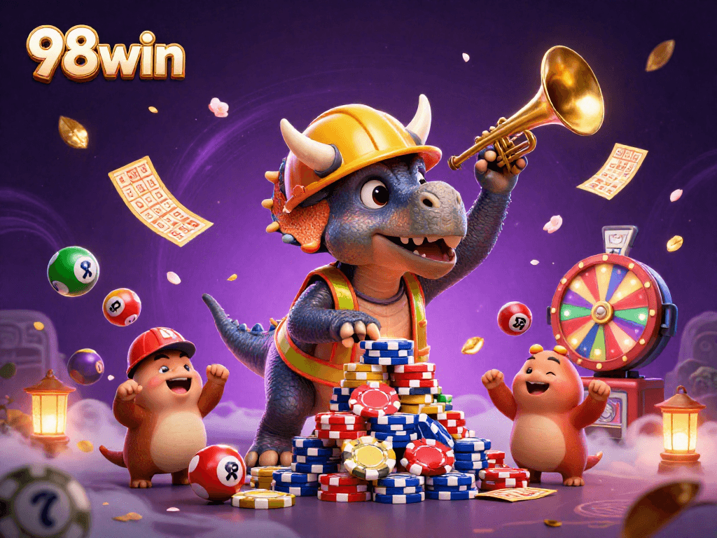 Cheering characters celebrate 98win with a dazzling lottery-themed casino scene.