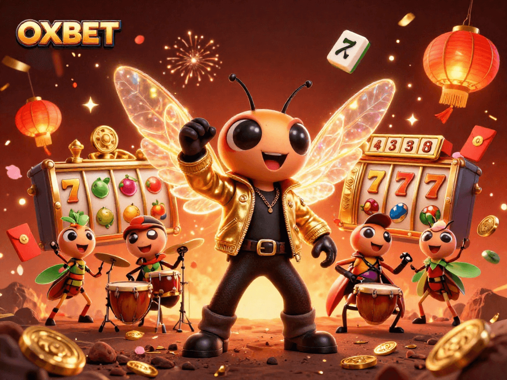 Experience the vibrant atmosphere of OXBET casino with lively characters and dynamic gaming elements.