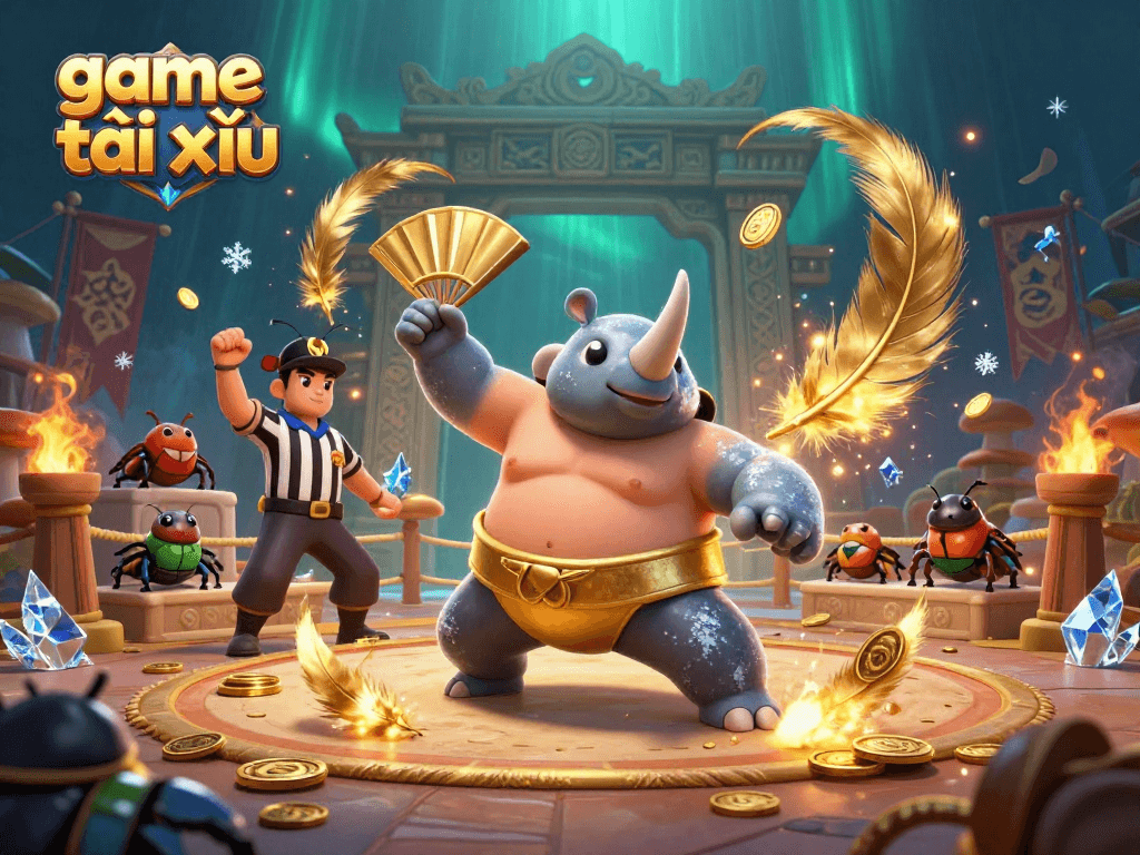 Engage in the thrilling game tài xỉu with a powerful rhinoceros beetle champion amidst swirling gold coins and vibrant atmosphere.