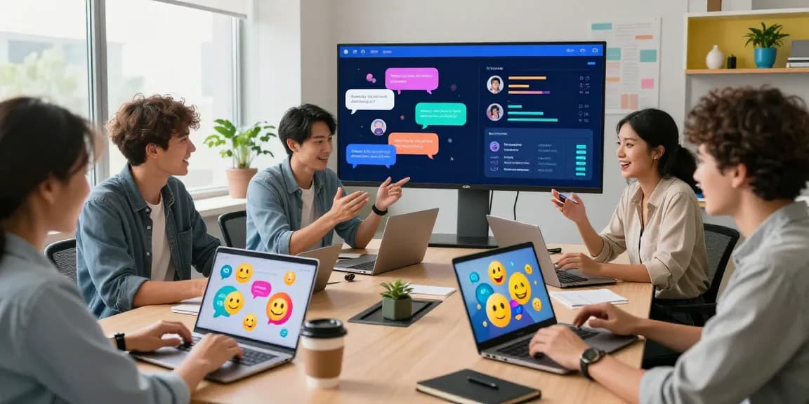 Engaging group using juicy ai chat in a modern office setting with vibrant digital graphics.