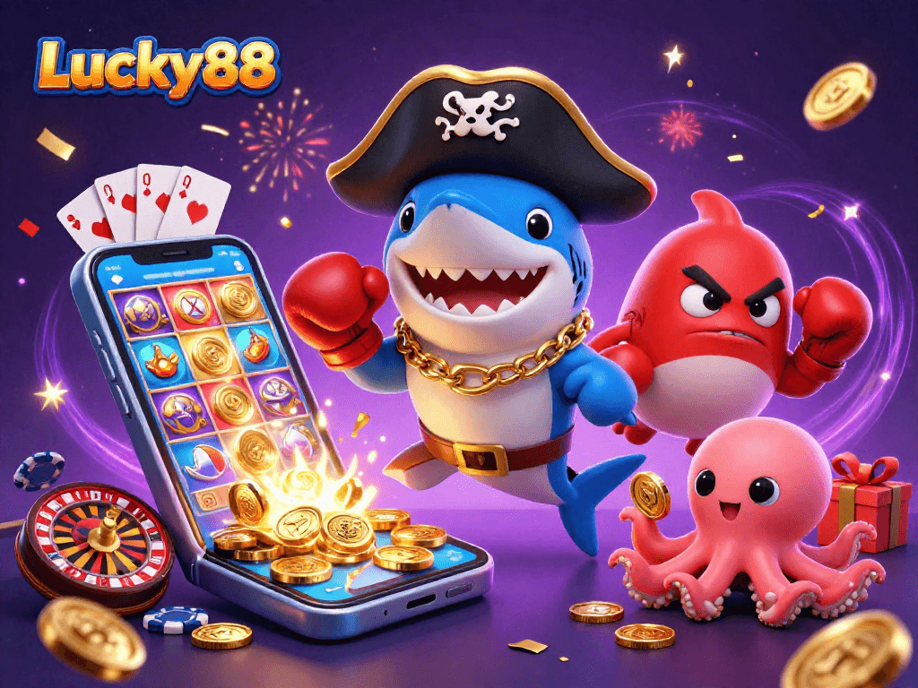 Experience the thrill of Lucky88 as a pirate shark, pufferfish, and octopus celebrate with casino games.