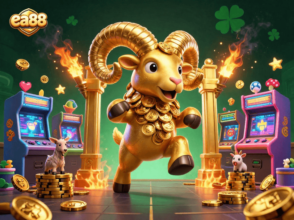 Experience vibrant gameplay at ea88 with a dynamic 3D casino scene featuring a golden ram and arcade elements.