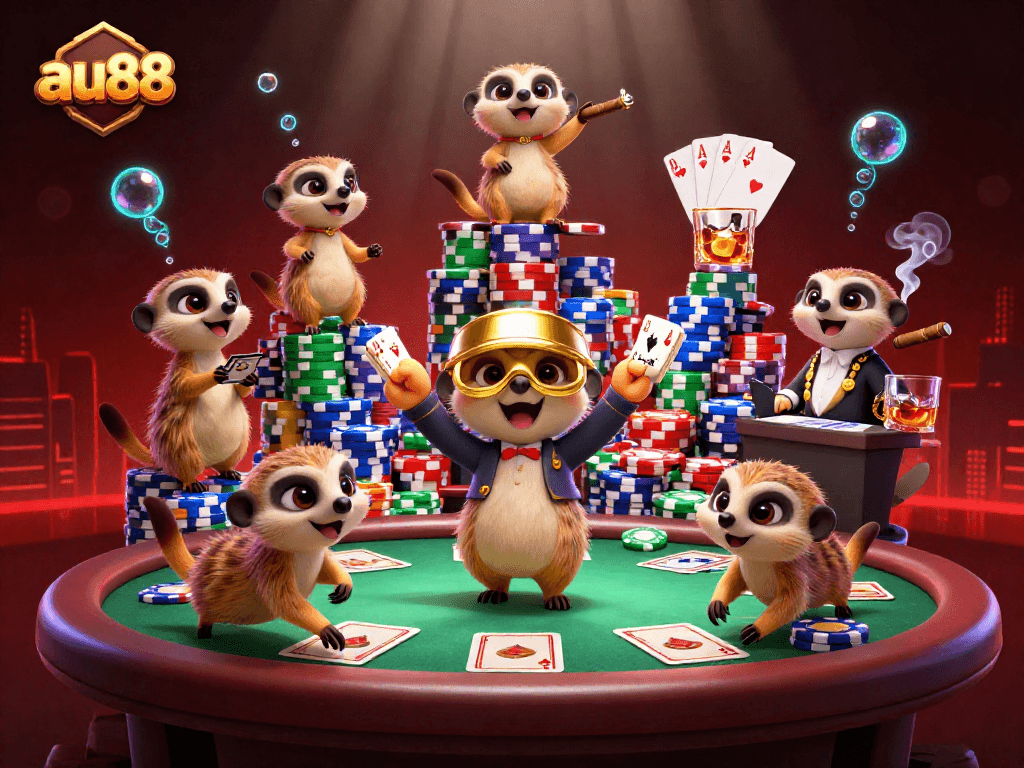 Engage in exciting gaming at au88 with meerkats managing a vibrant casino.
