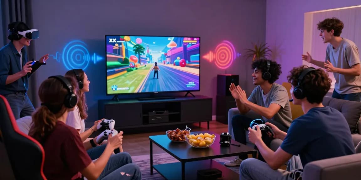 Diverse friends enjoying an immersive xxx game experience together in a cozy gaming room.