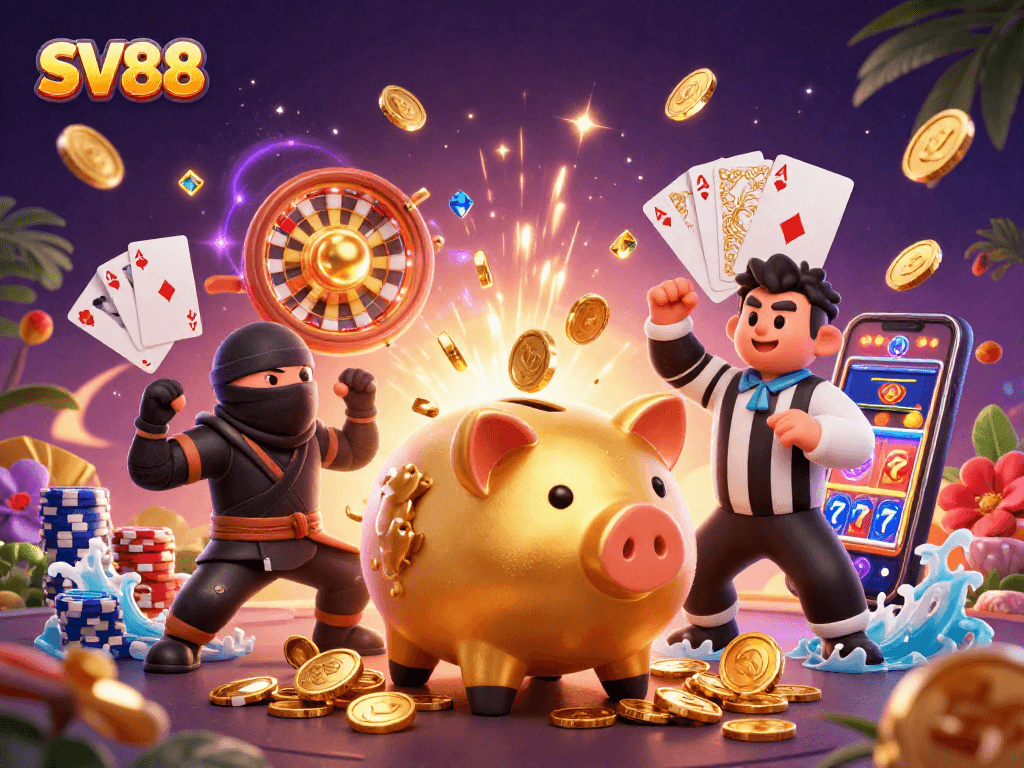 Experience thrilling SV88 gaming with vibrant 3D casino elements and characters in action.