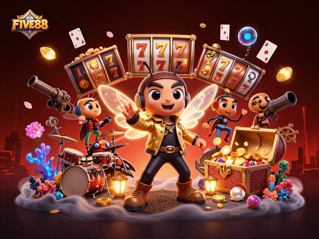 Engage in thrilling slots action with FIVE88 featuring a vibrant 3D rock star scene.