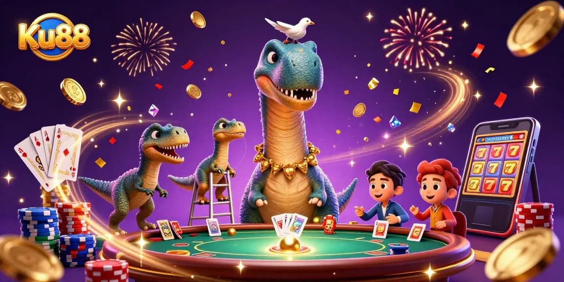 Experience thrilling casino action with Ku88's vibrant 3D scene featuring hilarious dinosaur characters.