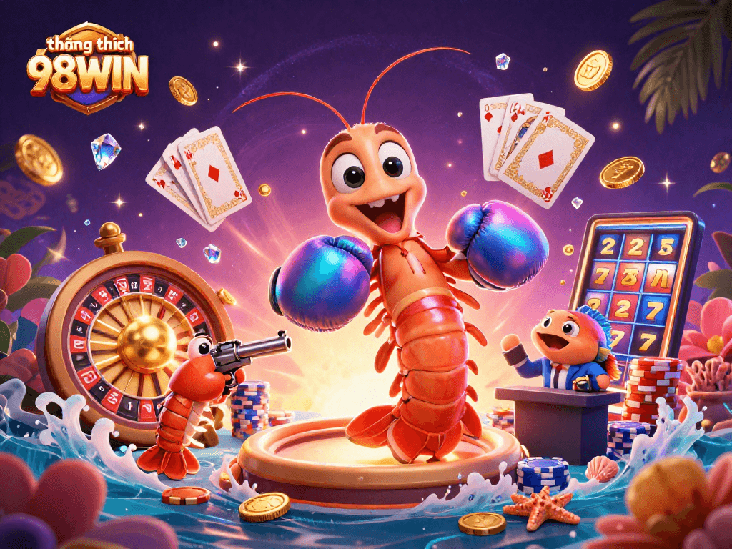 Engage with the thrilling world of thương hiệu 98WIN through a vibrant 3D casino scene featuring dynamic gambling elements.