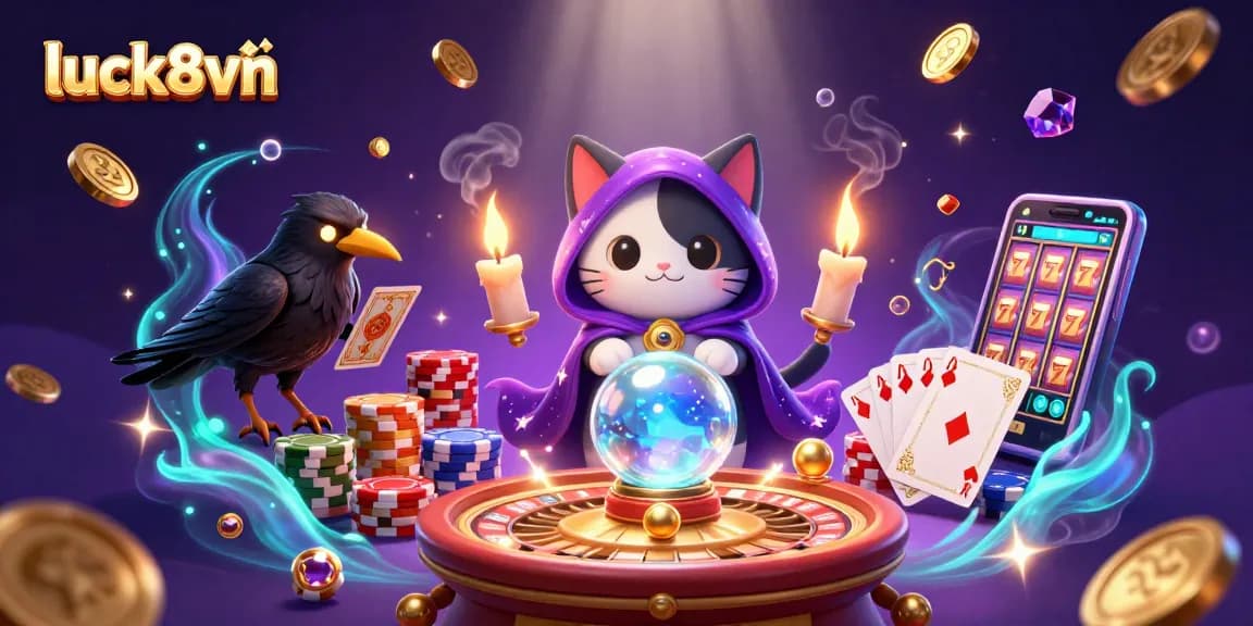 Experience the thrill of luck8vn with a magical casino illustration featuring a fortune teller cat and tarot raven.