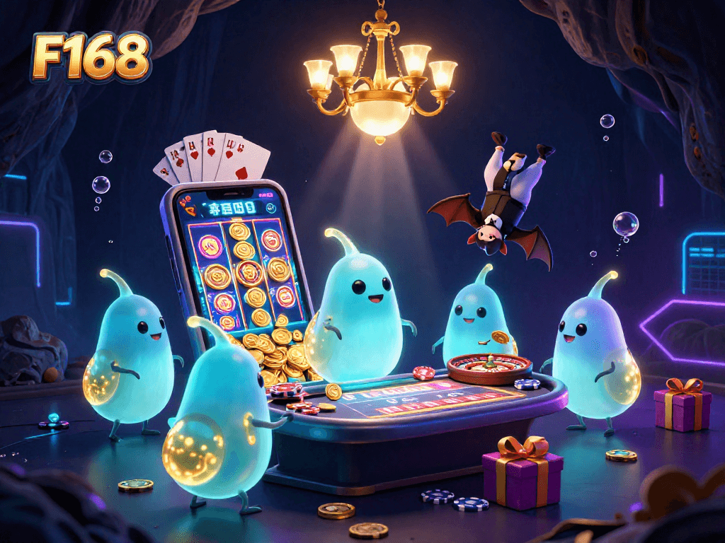 Join the thrill at F168's colorful casino scene illuminated by glowworms, a bat dealer, and exciting game elements.