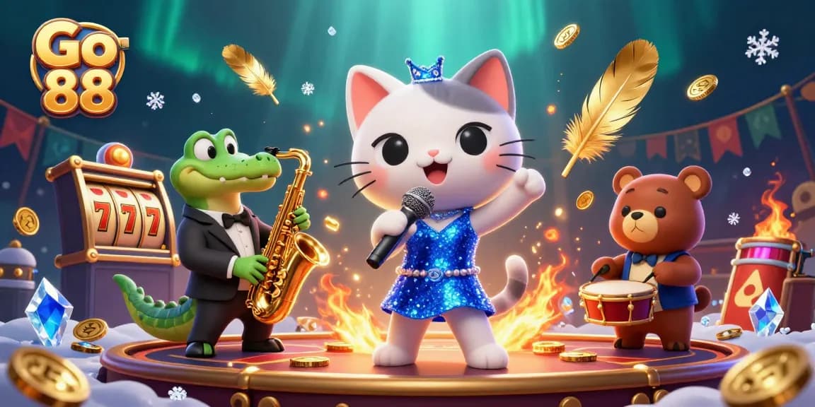 Wagering action at Go 88 with a jazz-singer cat, saxophone croc, and drum bear in a lively casino scene.