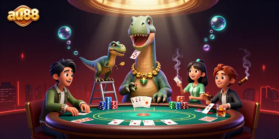 Experience an exciting poker showdown at au88 in a vibrant 3D illustration with dynamic characters.