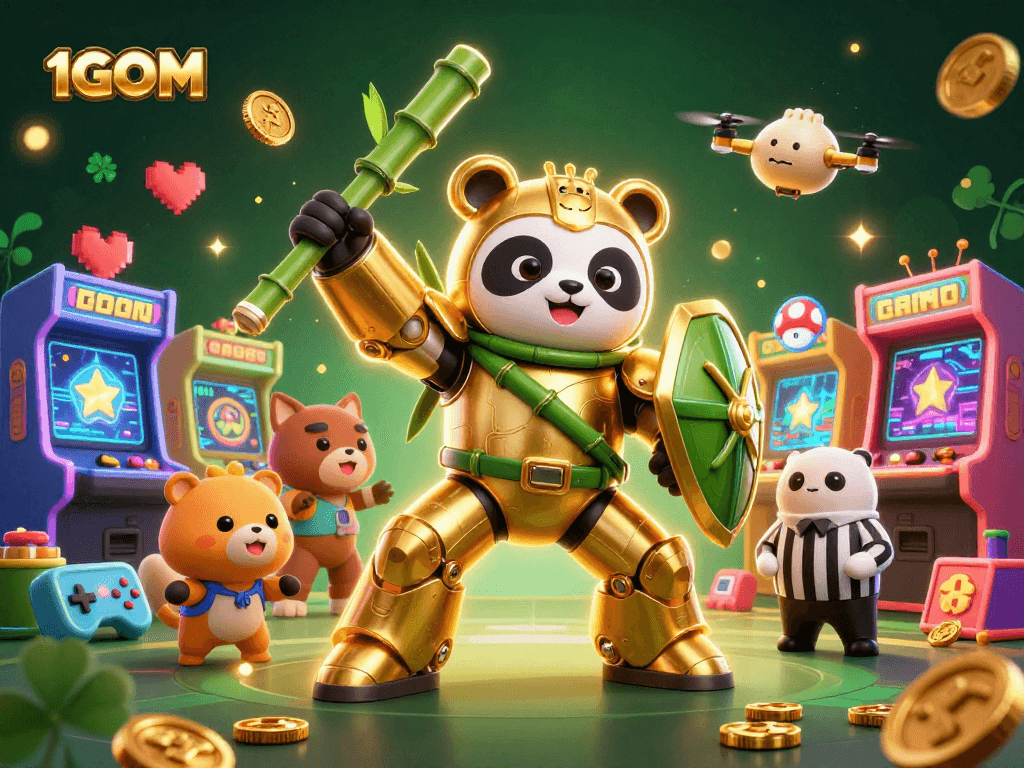 Play and win at 1GOM with engaging visuals and experiences in a dynamic casino arcade scene.