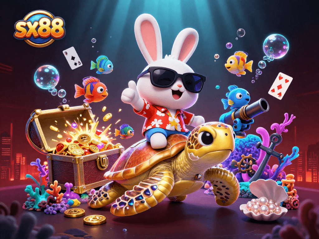 SX88 offers thrilling gaming adventures, featuring a lucky rabbit and a golden turtle in a vibrant casino scene.
