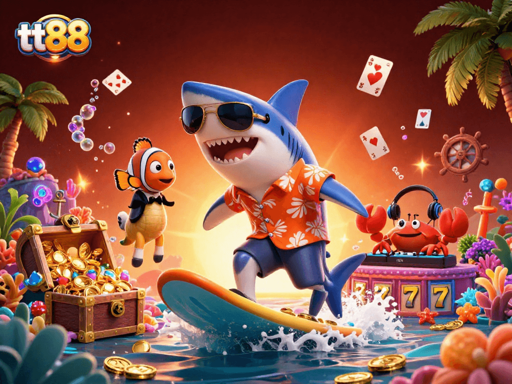 Join the fun with tt88 as the hammer-head shark surfs waves of gold coins while excitement unfolds!