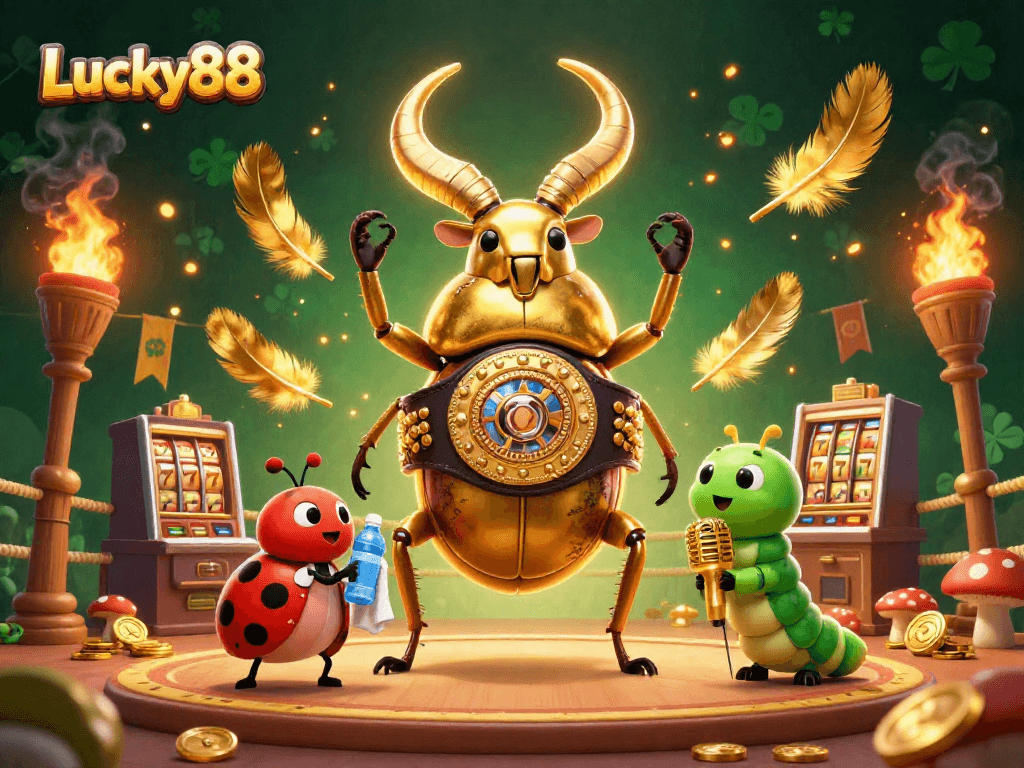 Engage in thrilling gameplay at Lucky88 with the golden stag beetle champion surrounded by casino elements.