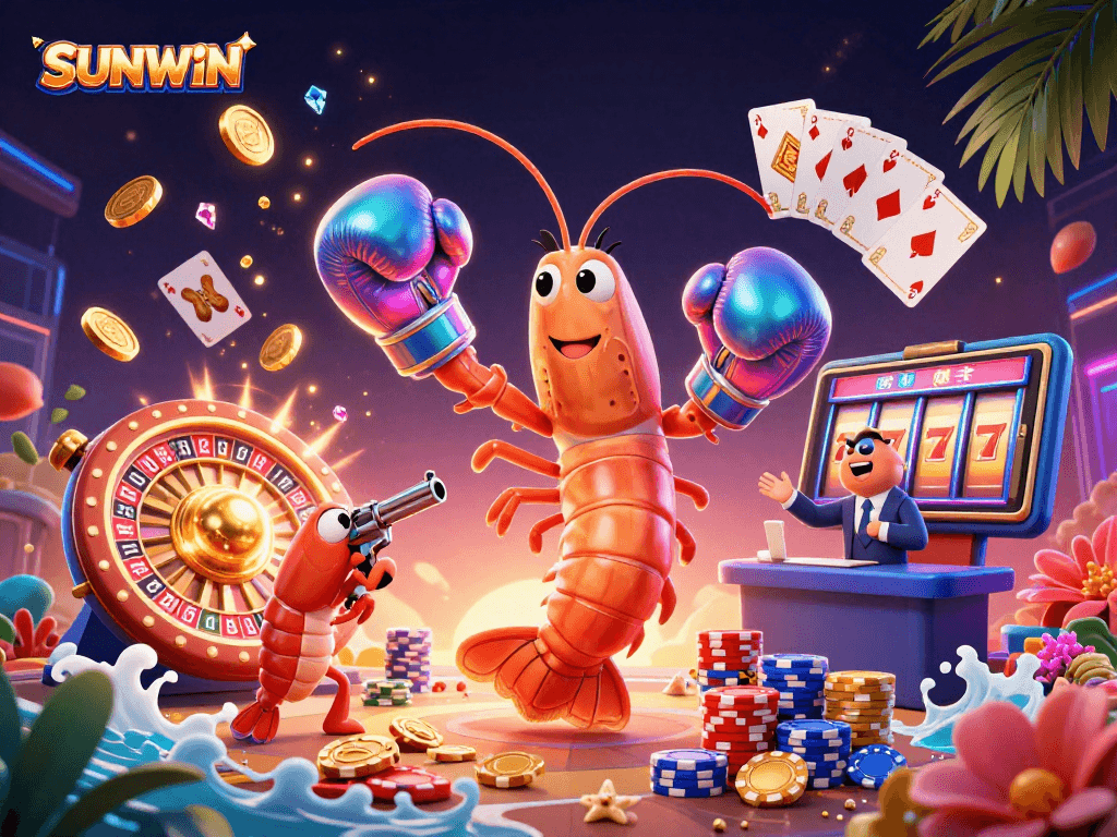 SUNWIN's vibrant casino action scene featuring dynamic gambling elements and quirky characters.