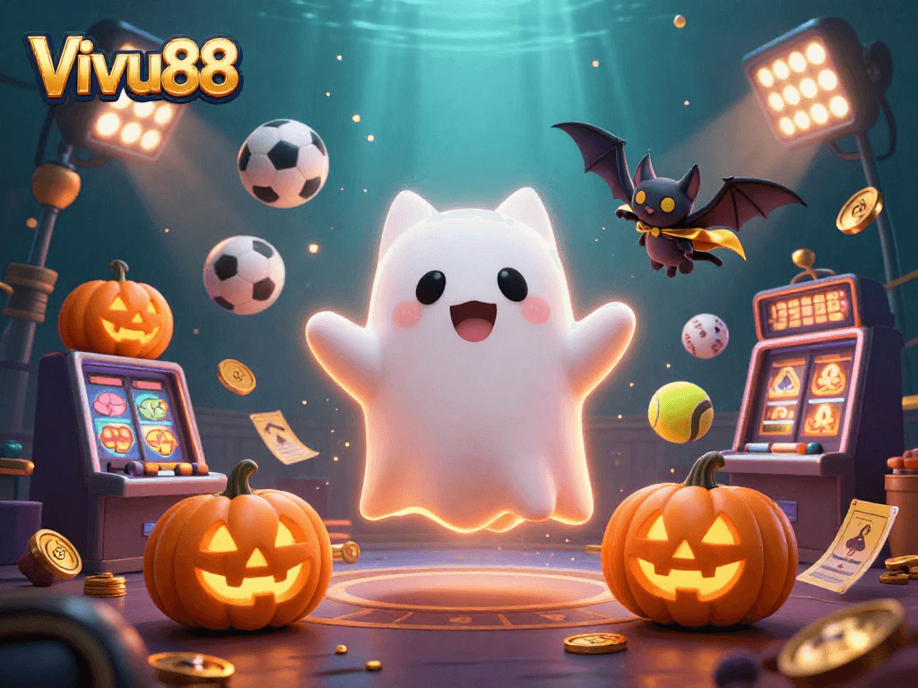 Join Vivu88 for unrivaled fun in a haunted casino with festive ghost cat and flying sports elements!