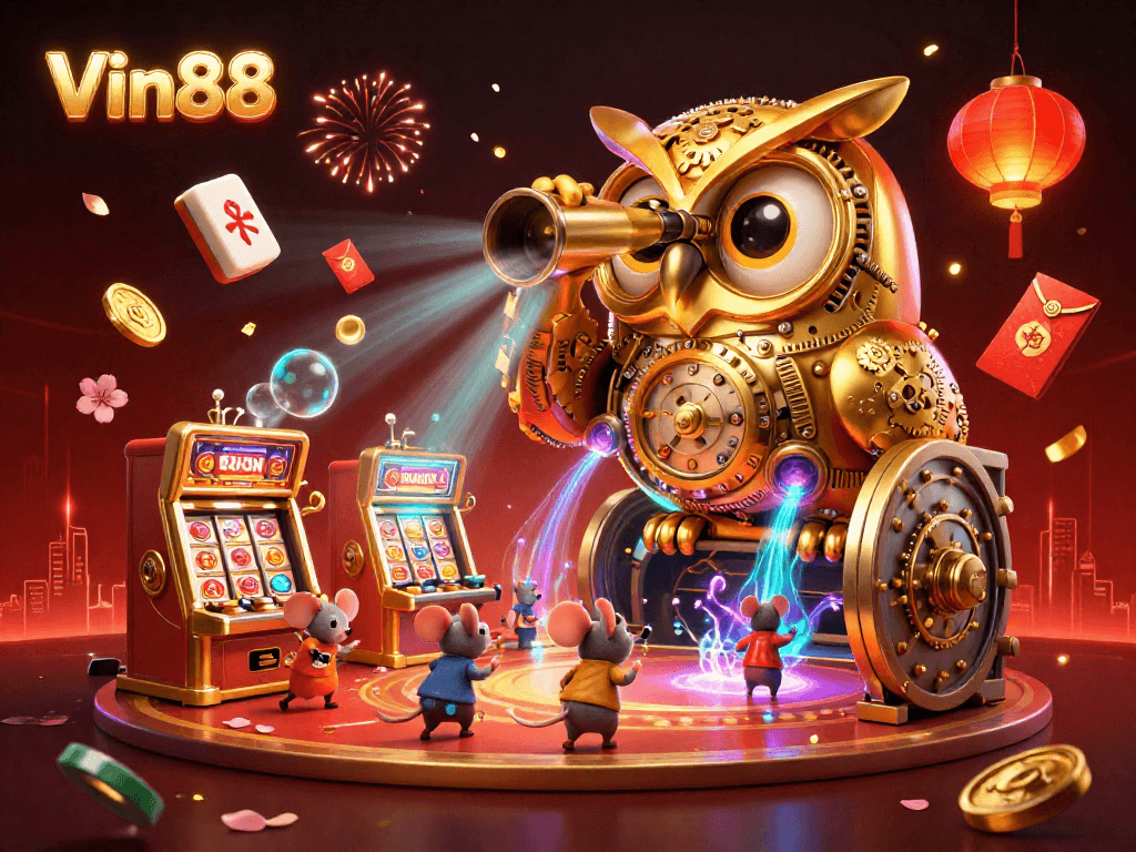 Experience the Vin88 excitement with a vibrant casino scene featuring an owl, slot machines, and festive elements.