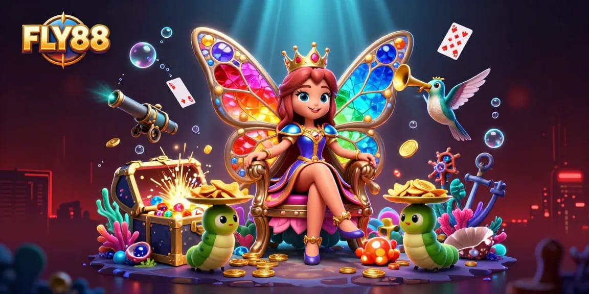 FLY88 immerses players in vibrant casino experiences with a colorful butterfly queen and treasure galore.