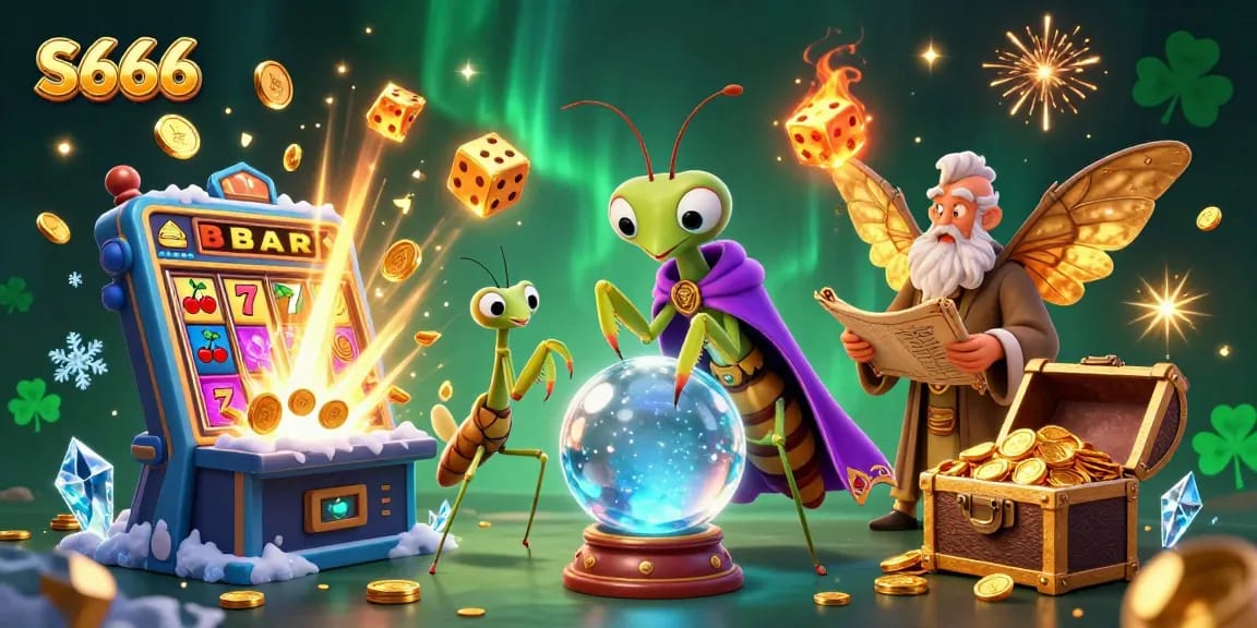 S666 engages players with a vibrant scene featuring a fortune teller, moth librarian, and a jackpot explosion in a dynamic casino setting.
