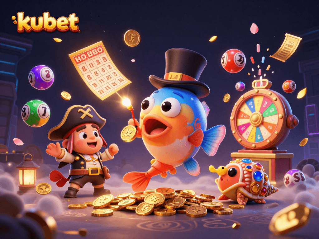Kubet's vibrant gambling scene features an anglerfish, pirate shrimp, and gem snail capturing golden coins.