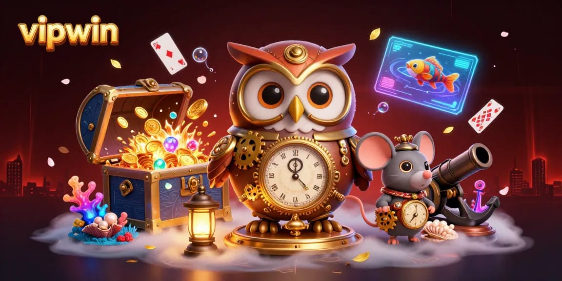 Experience exciting wins at vipwin with this vibrant 3D casino scene featuring time-traveling characters.