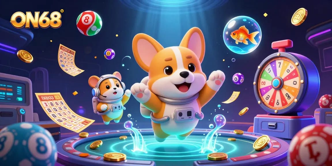 Experience excitement with ON68, a vibrant 3D casino scene featuring a corgi astronaut floating in a colorful game environment.