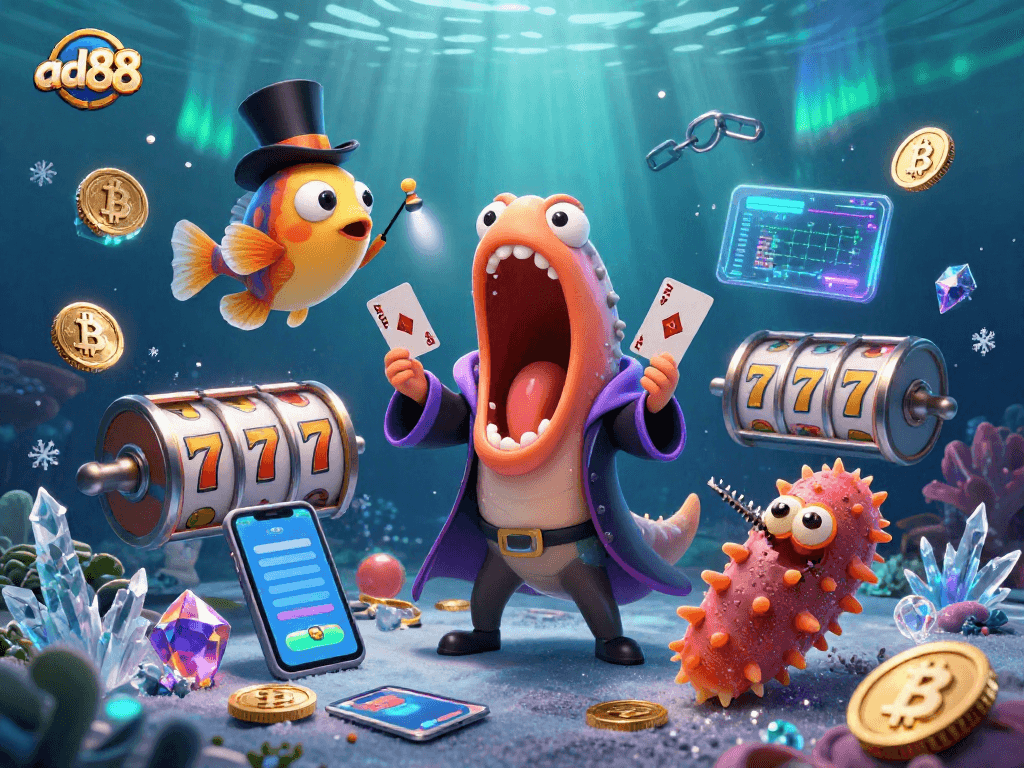 Experience the thrill of ad88's slots with bioluminescent creatures performing card tricks underwater.