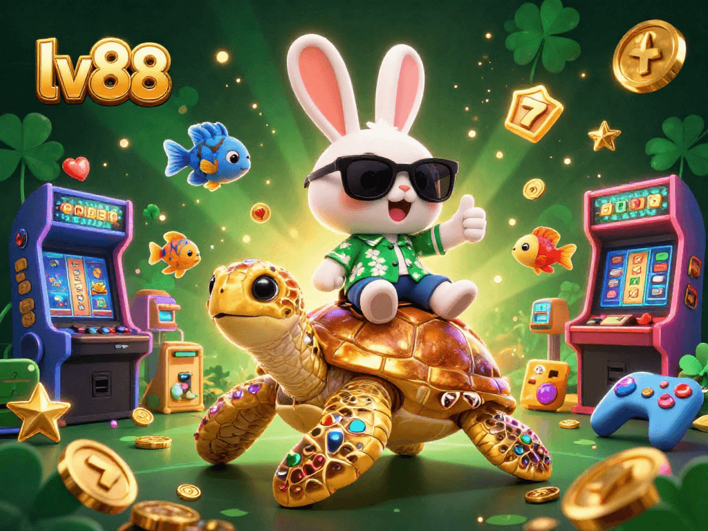 Engage in thrilling slot games at lv88 with a vibrant 3D scene featuring a lucky rabbit and a golden turtle.