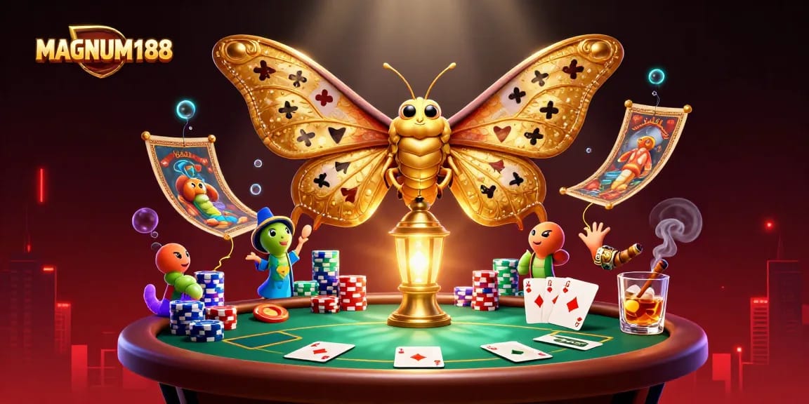 Bet and win at MAGNUM188 with vibrant casino-themed illustration featuring poker and gambling elements.