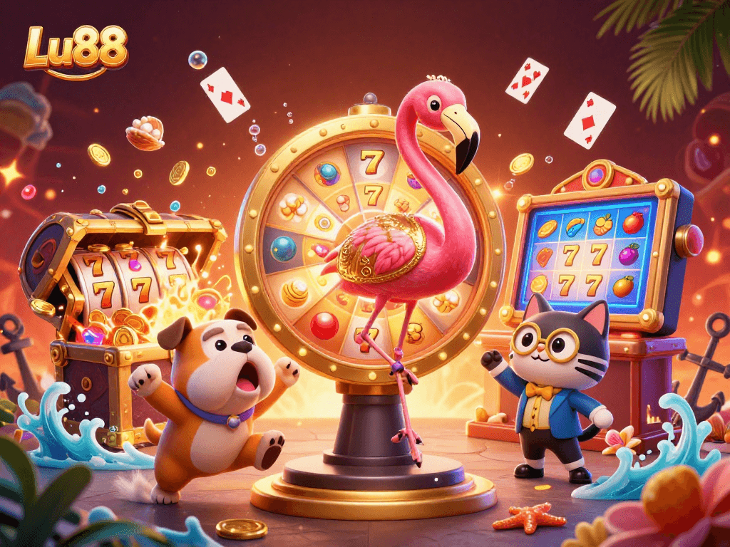 Lu88 inspires excitement in a vibrant casino scene with characters and dynamic game elements.