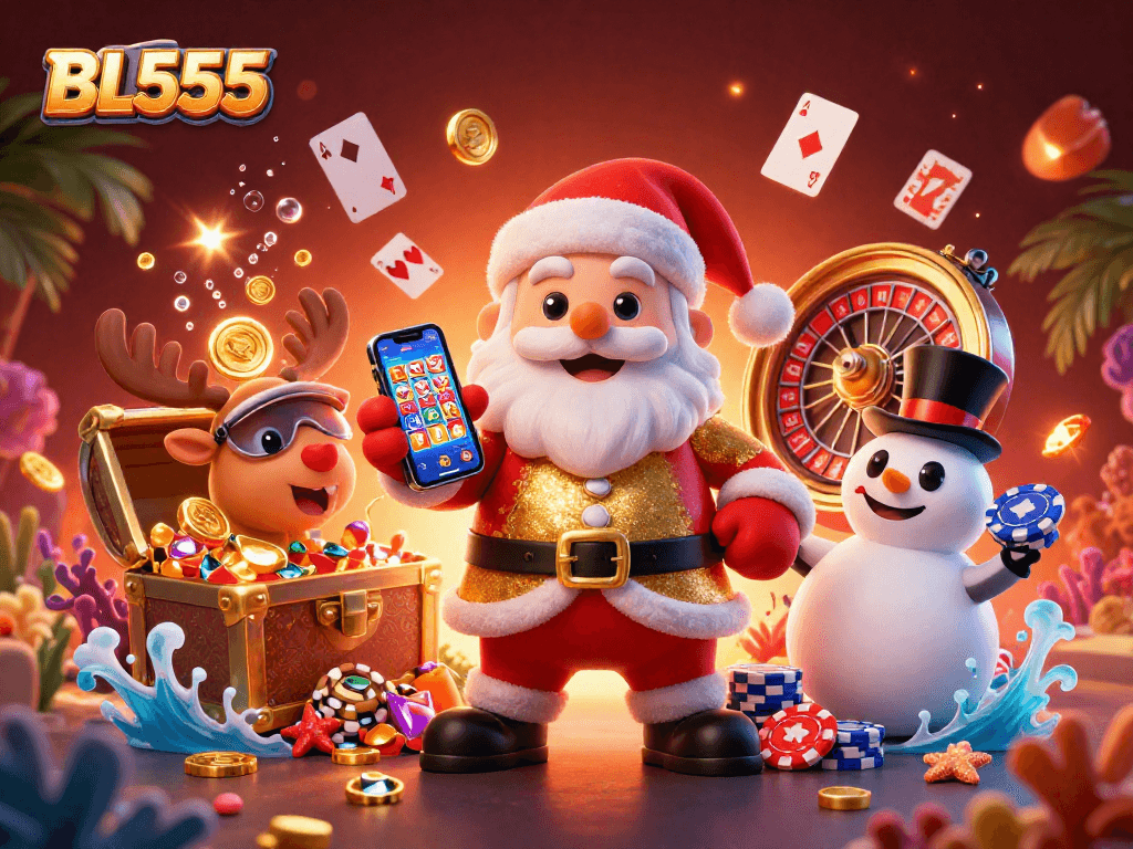 Experience excitement at BL555 with festive characters in a colorful casino scene.
