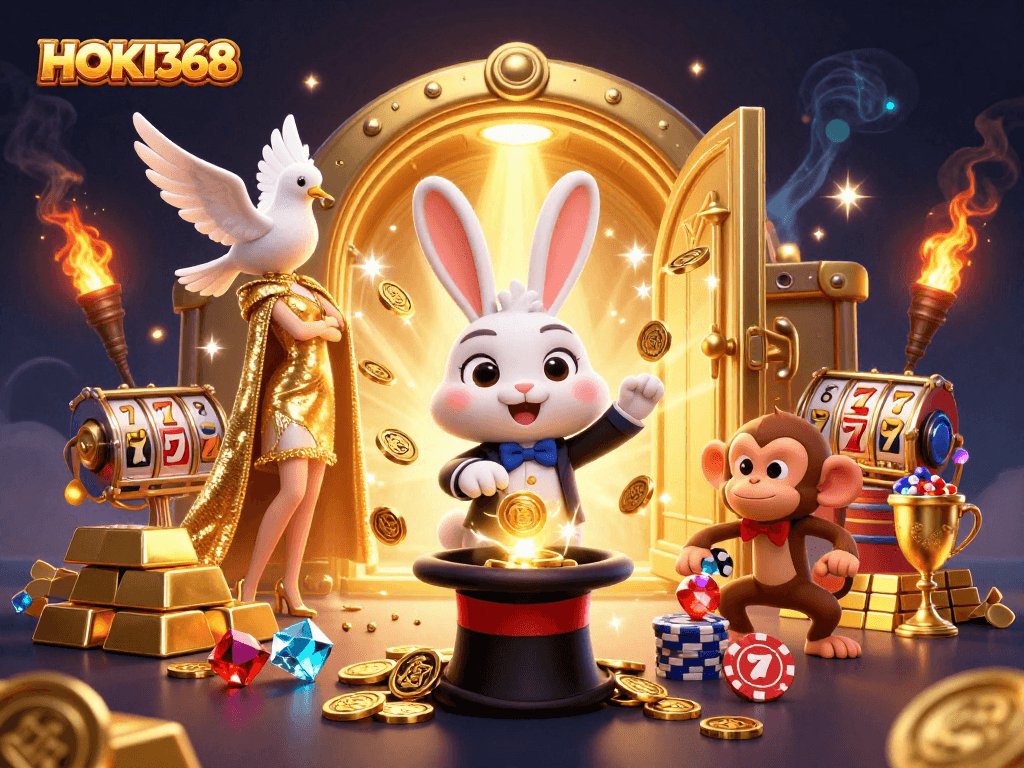 Win big with HOKI368 as a cartoon magician rabbit conjures golden coins amidst vibrant casino elements.