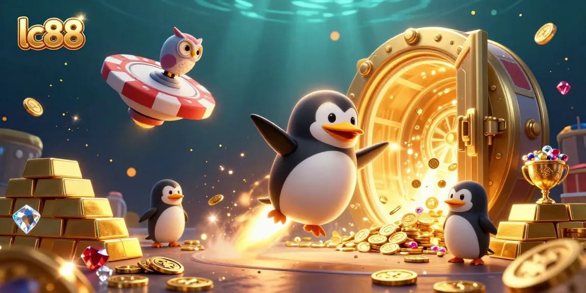 Experience the excitement of lc88 with a golden penguin racing towards a casino station amid treasure and games.