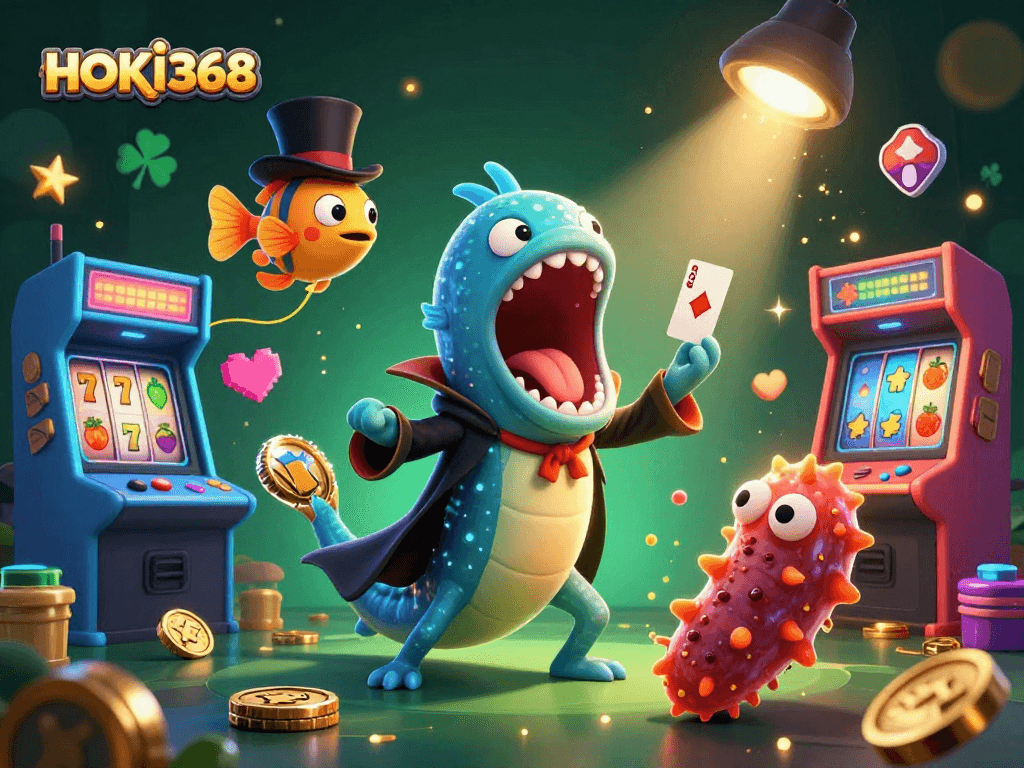 Experience thrilling gaming action at HOKI368 with vibrant characters, slot machines, and casino elements.