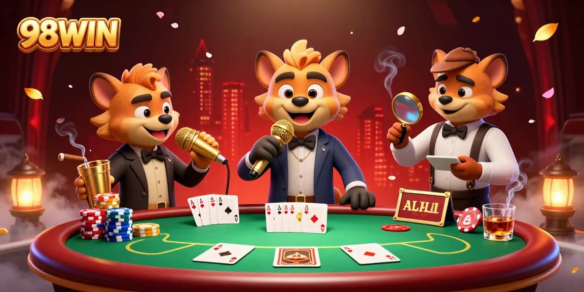 Experience the thrilling vibe of 98WIN's comedy casino with vibrant characters and dynamic gaming elements.