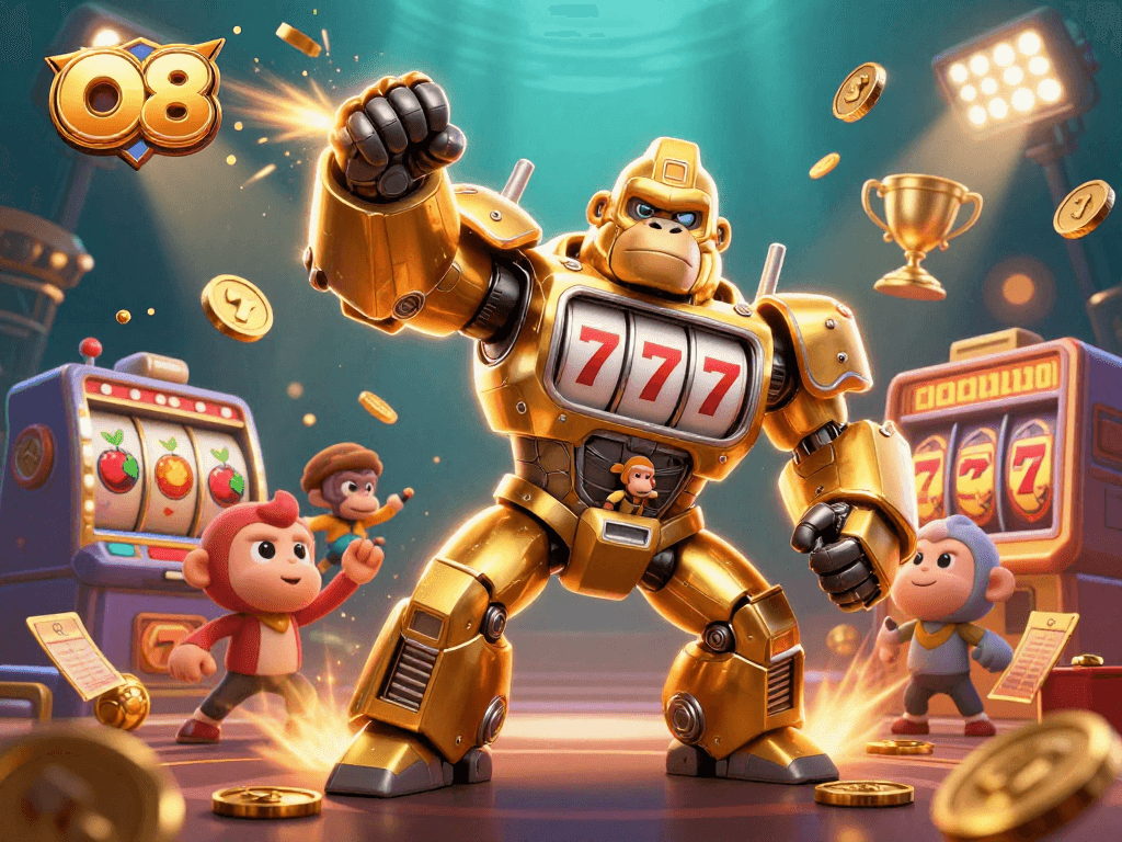 Watch O8's golden guerrilla mech beat the odds with jackpot counters and golden coins in dynamic slots action!