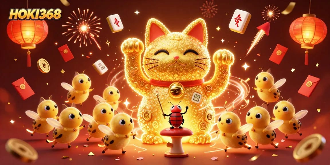 Experience top-tier gameplay with HOKI368's vibrant lucky cat illustration, showcasing casino symbols immersed in a dazzling atmosphere.