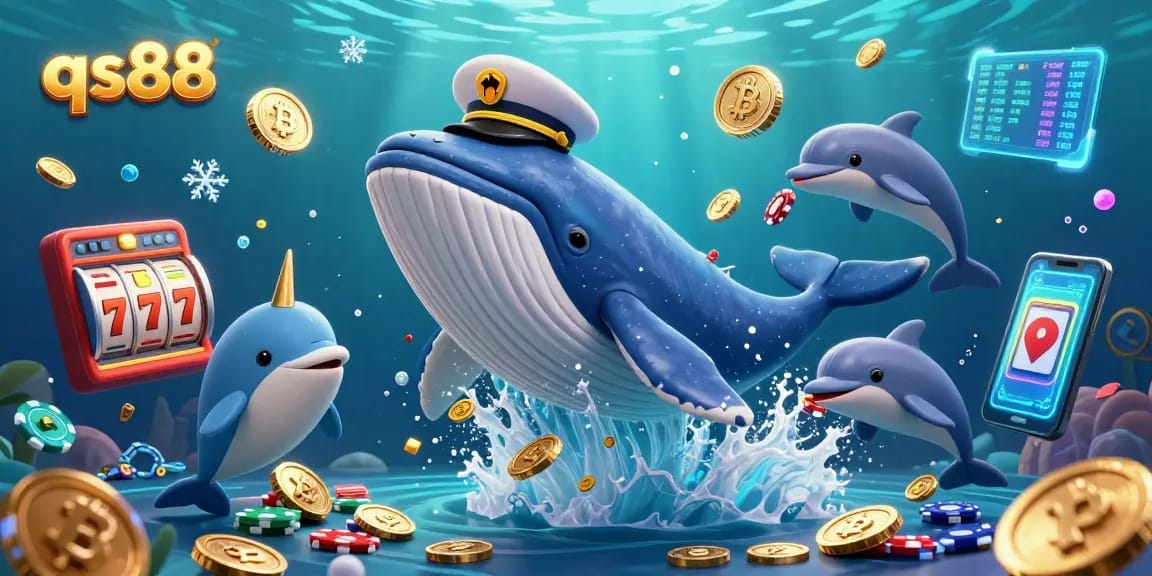 Experience exciting wins at qs88 with a vibrant scene of a whale and playful dolphins in a casino-themed underwater adventure.