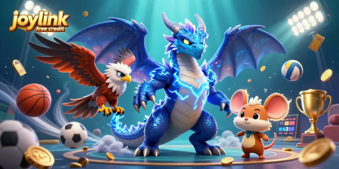 Activate joylink free credit for exciting sports betting with 3D dragon, hawk, and sports elements.