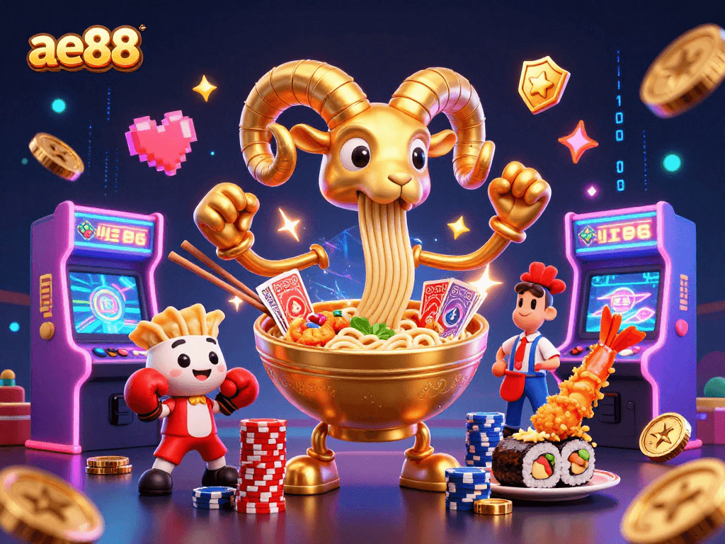 Engage in thrilling gaming at ae88 with a vibrant casino-themed 3D illustration showcasing multiple characters and elements.