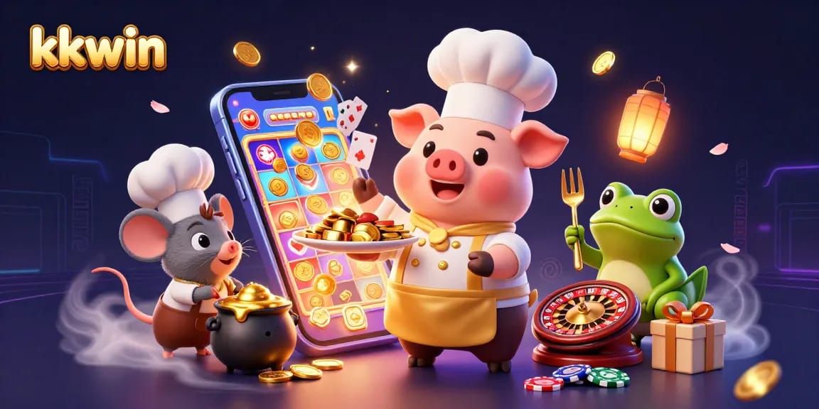 kkwin celebrates online gaming with a vibrant scene of characters amidst casino elements.
