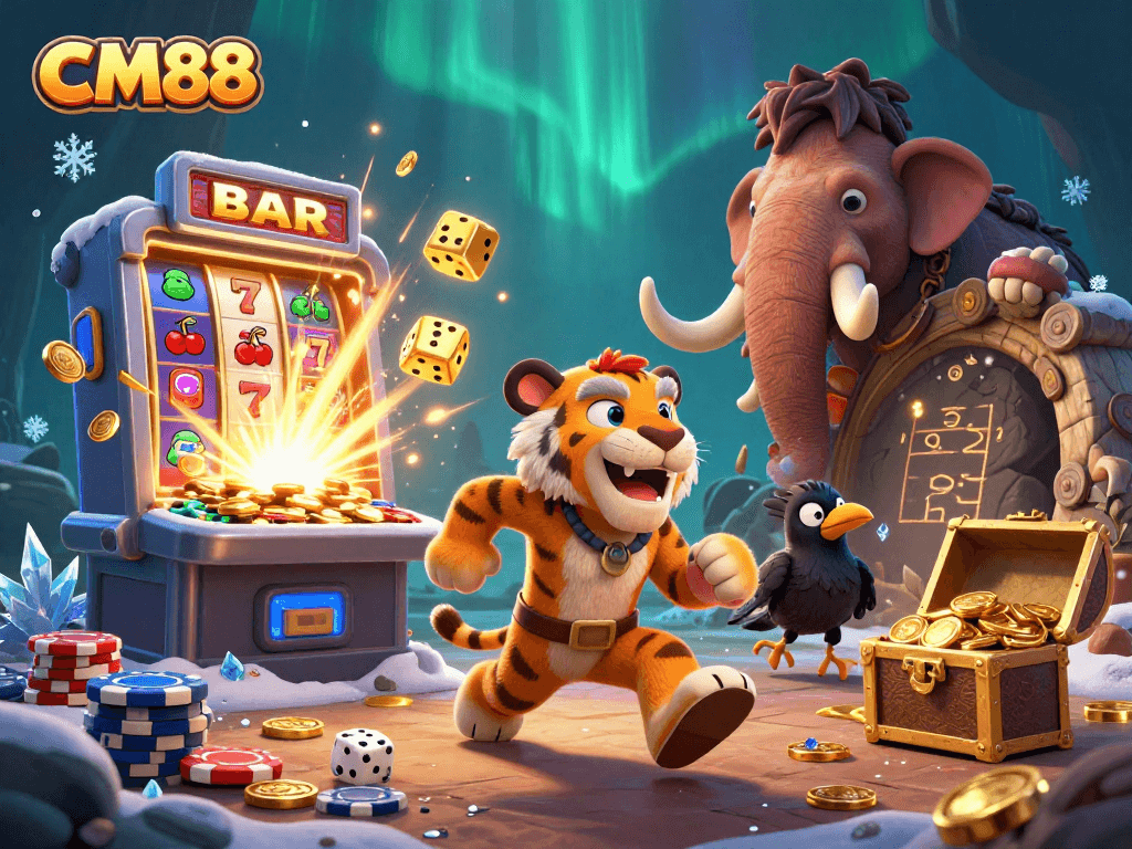 Engage with CM88's dynamic gaming scene featuring a prehistoric casino environment with striking slot machines and unique characters.