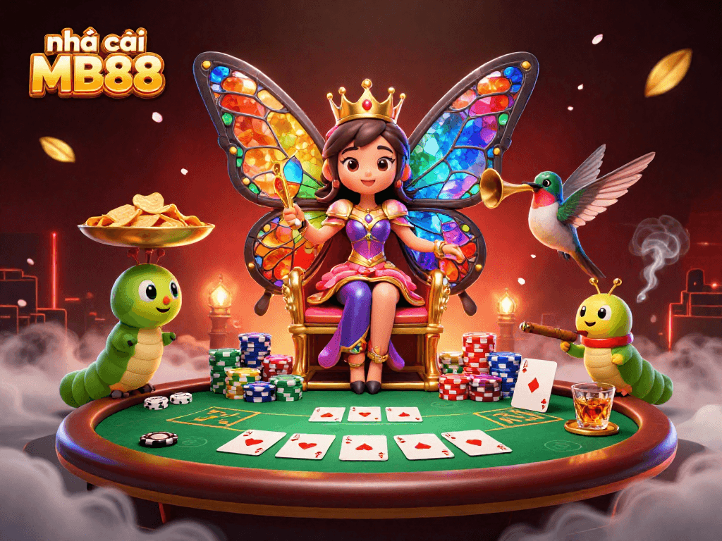 Engage in thrilling gameplay at nhà cái MB88, featuring a vibrant casino scene with poker elements and lively characters.