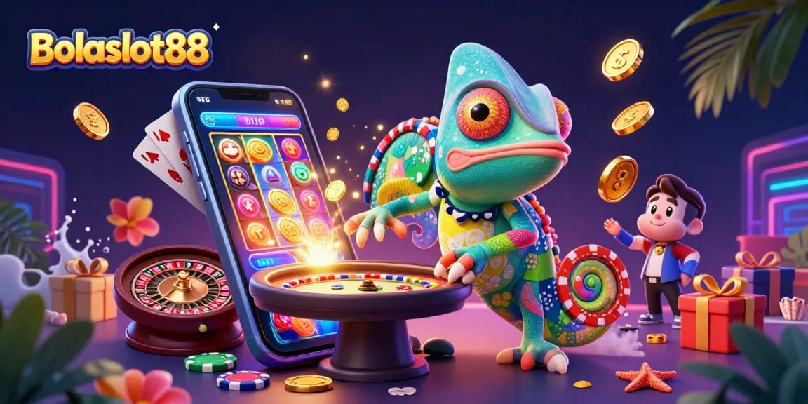 Bolaslot88 showcases an exciting chameleon casino owner capturing golden coins amid vibrant gaming elements.