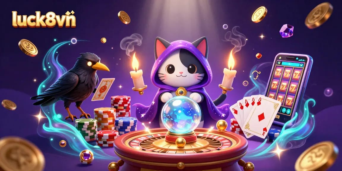 Experience the thrill of luck8vn with a magical casino illustration featuring a fortune teller cat and tarot raven.